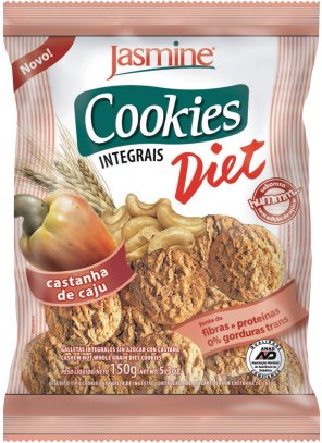 COOKIE DIET_castanha de caju.png - Cookies Integrais Diet Castanha de CajuFonte de fibras e proteínasLivre de Gorduras TransSem adição de açúcarCERTIFICADO PELA ANAD Ingredientes: Farinha de trigo integral, farinha de trigo fortificada com ferro e ácido fólico, óleos vegetais (palma, milho ou soja), castanha de caju, farinha de milho, maltodextrina, fibra solúvel, amido de milho, sal, edulcorantes naturais sorbitol, isomalte, maltitol e glicosídeo de esteviol, agentes de crescimento (fosfato monocálcico, bicarbonato de sódio, bicarbonato de amônio), estabilizante natural lecitina de soja, aromas e corante natural caramelo.CONTÉM GLÚTENConsumir preferencialmente sob orientação do médico e/ou nutricionista.Disponível na versão: 150g.